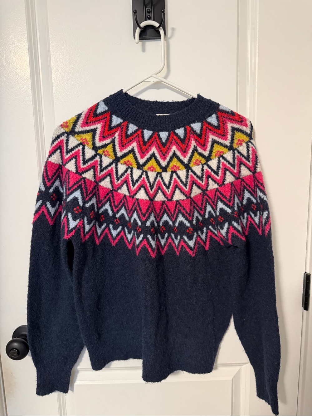 Caslon Navy Fair Isle Crewneck Sweater with Pink & Yellow Accents - Nordic